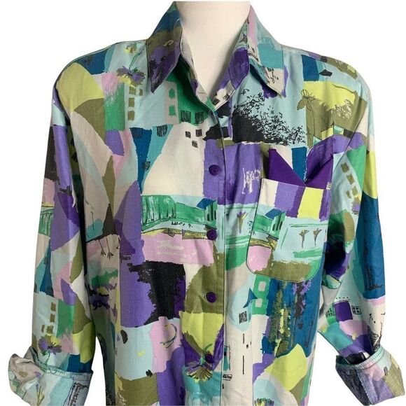 Vintage 80s Button Down Shirt Dress M Multicolor Blue Abstract Oversized Funky - Picture 1 of 8